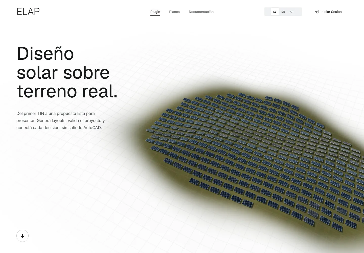 Home de la web de ELAP: titular «Diseño solar sobre terreno real.» y una escena 3D con filas de paneles solares sobre el terreno, con selector de idioma ES, EN y AR.