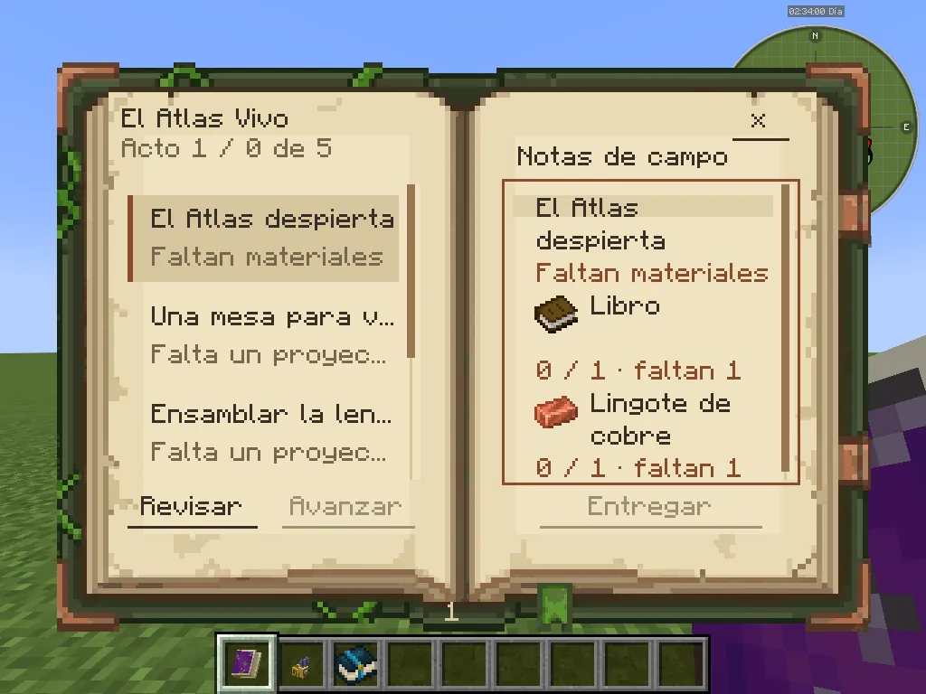 Captura del juego: el libro del Atlas abierto con el Acto 1, la lista de misiones a la izquierda y las notas de campo con materiales a entregar a la derecha, en español.