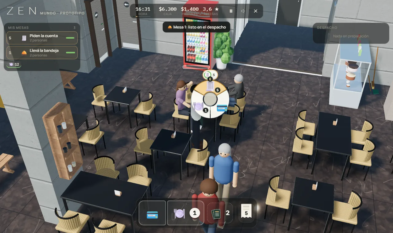 Captura del prototipo de Mundo ZEN: vista cenital del salón con clientes, la rueda de acciones de una mesa, el panel «Mis mesas» y la barra inferior.