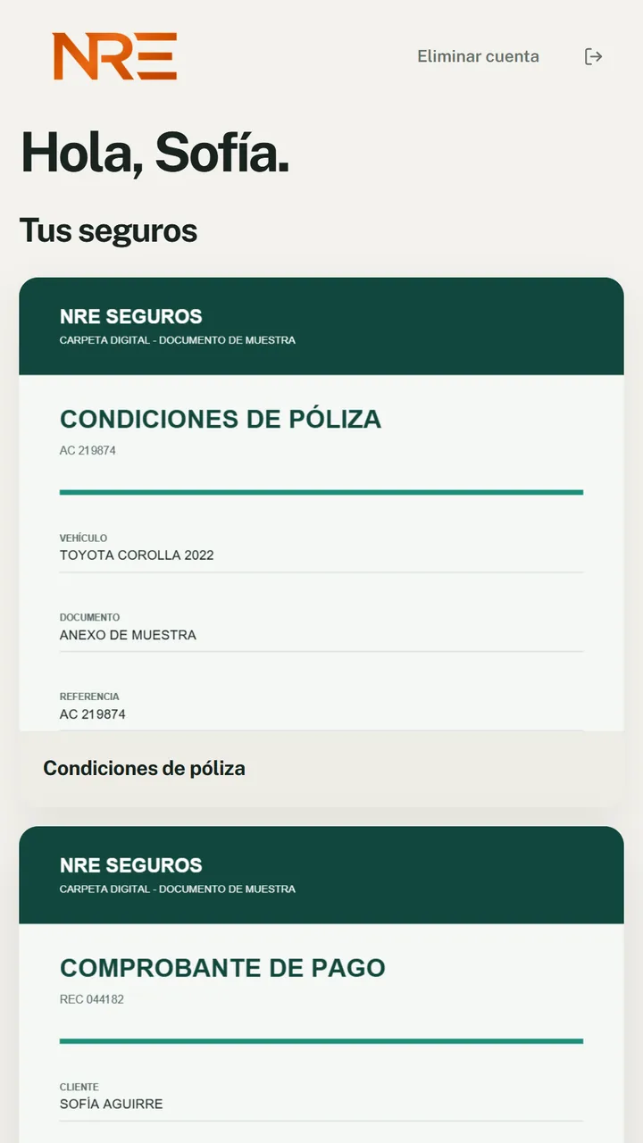 Pantalla del celular con el saludo «Hola, Sofía» y el listado «Tus seguros»: tarjetas de documentos de muestra (condiciones de póliza y comprobante de pago) de NRE Seguros.