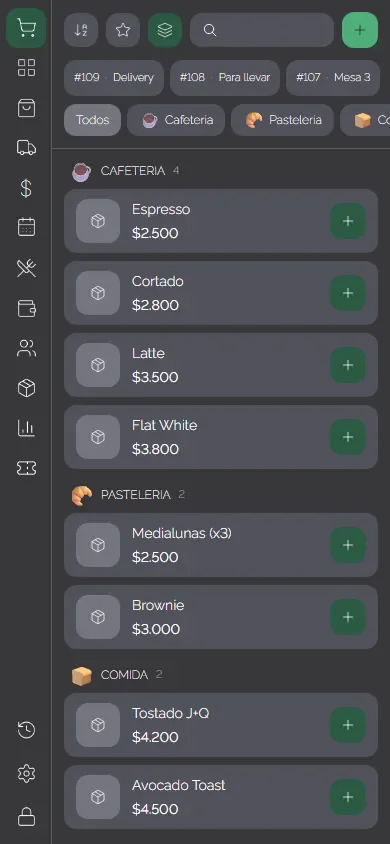 Panel de venta de ZEN OS en el celular: ventas abiertas arriba, categorías y lista de productos con precio y botón para sumar.