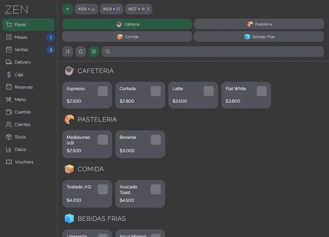 Panel de venta de ZEN OS en escritorio: menú lateral, categorías de cafetería, pastelería, comida y bebidas frías, y productos con precio.