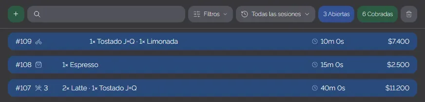 Lista de ventas abiertas de ZEN OS con tres ventas de ejemplo (delivery, para llevar y mesa) y sus totales.